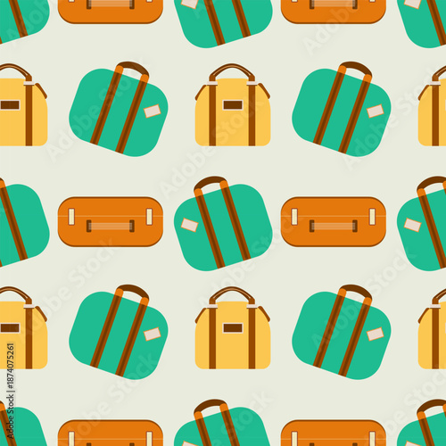 Summer vacation. Seamless pattern with travel suitcases and bags, travelers luggage. Happy travels. Vector illustration