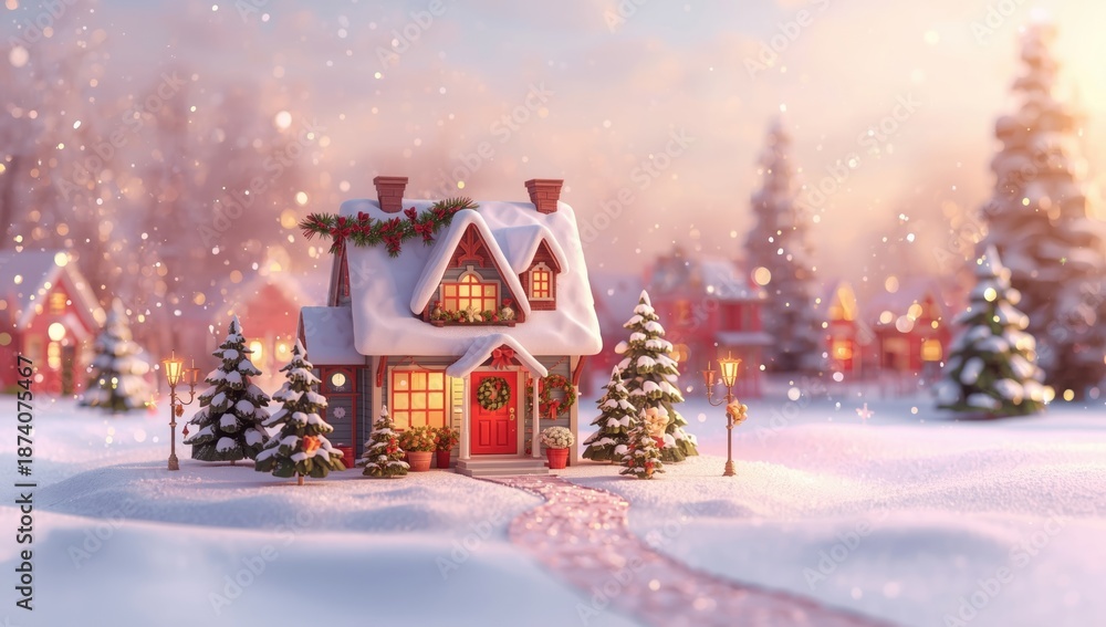Fototapeta premium Colorful 3D Christmas house with New Years setting, Santas village, greeting card design, snow-covered trees, and wreath on red door, holiday decoration scene