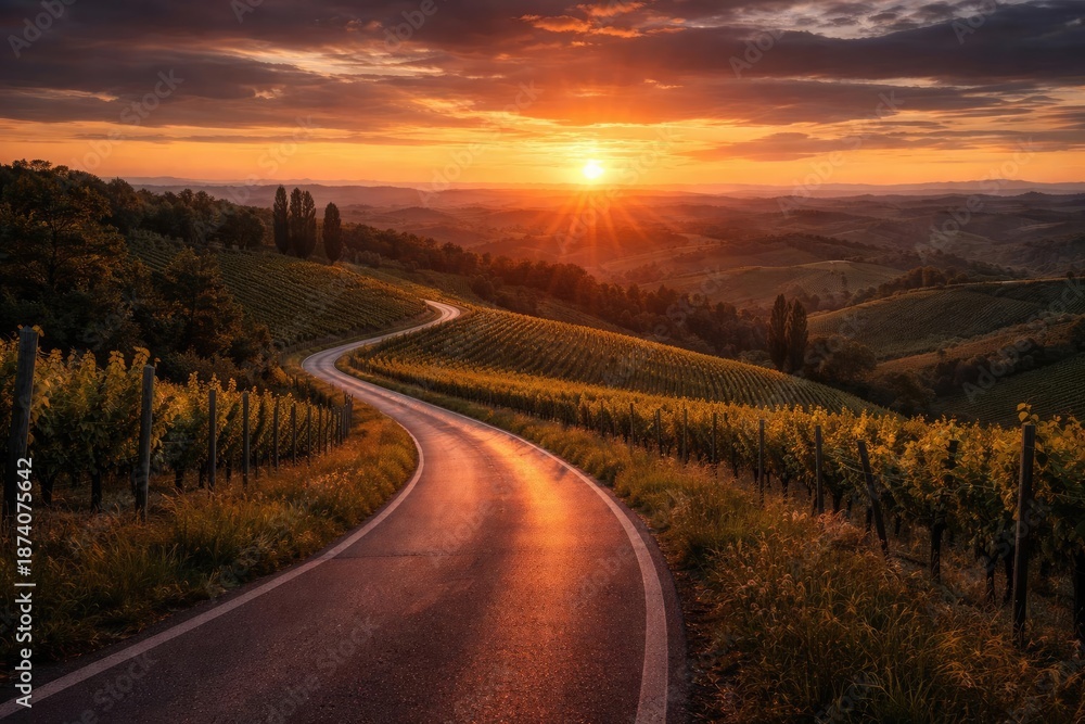 Fototapeta premium Sunset atmosphere on rural hills covered with vineyards and a winding paved road