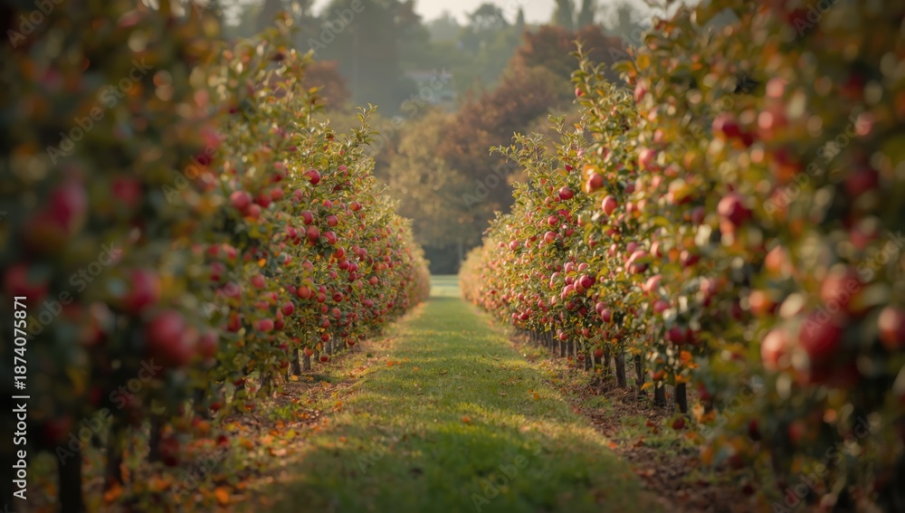 Obraz premium Idared apple trees in French orchard during harvest, with ripe apples ready for picking, highlighting seasonal farming