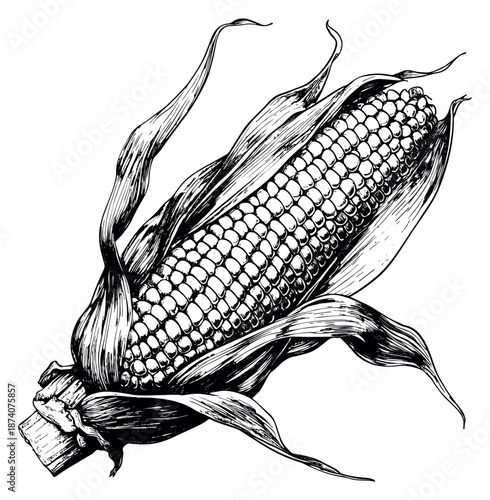 Hand drawn line art illustration of an ear of corn depicting kernels and husks for food and agriculture