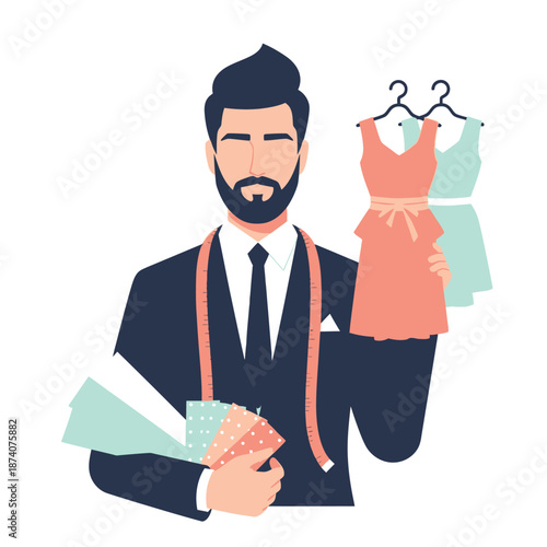 Fashion Designer Holding Fabric Swatches and Dresses.