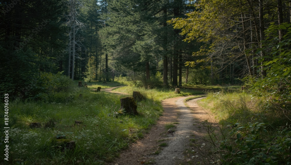 Obraz premium Trail made of wood planks in a wooded area designed for outdoor recreation and environmental conservation