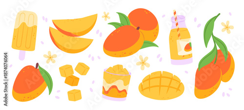 Mango food. Exotic mangoes slices, cubes, full and half. Sweet fruits desserts, tasty smoothie or juice, ice cream, mousse. Tropical fruit racy vector set