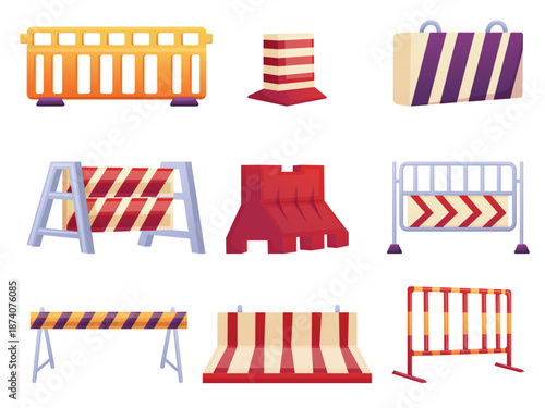 Road repair barriers. Stone metal and concrete barricades, street and traffic works equipment. Isolated cartoon no entry blocks, nowaday vector clipart