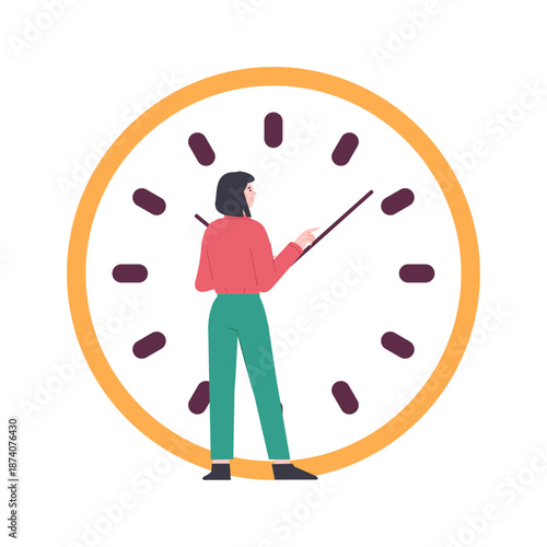 Girl changes time. Flat young woman moves hands on large clock. Time is running out, deadlines, work management. Work process speeding, vector scene