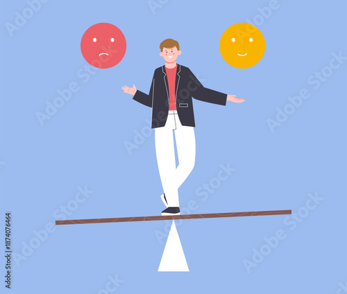 Guy balancing on wood stick. Choose your mood, happy and unhappy faces. Happy business stylish man choosing between two moods, lifestyle, vector scene