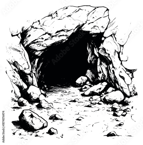 Hand drawn illustration of a cave entrance depicting a dark interior for adventure stories