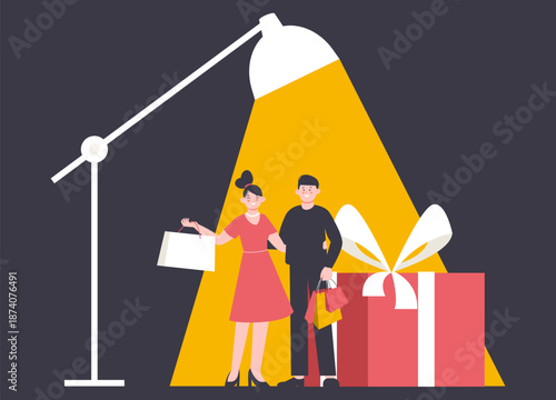Happy modern couple with purchases. Society of consumption and gifts in light of table lamp, metaphor for extravagance and waste, vector concept with flat characters
