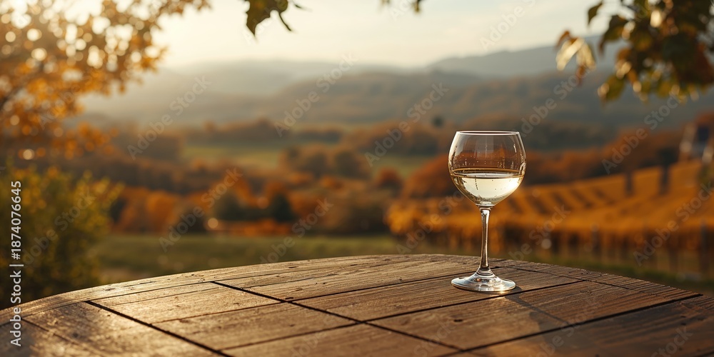 Fototapeta premium Wine glass resting on a surface with a scenic landscape, used for editorial header backgrounds or UI backdrops