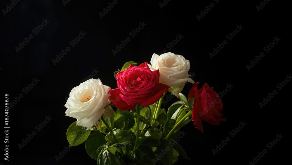 Fototapeta premium Natural light highlights Ross with a flower and leaf on a black background, capturing the seasonal beauty of spring and summer