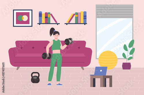 Home workout. Girl training in living room with online sport programm. Morning sporting, healthy lifestyle. Flat woman doing exercises, vector scene