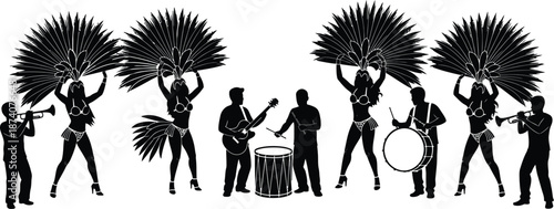 Carnival samba dancers and musicians. Carnival show girls dancers silhouette. Brazilian Carnival parade scene with drummers, Brazilian samba dancer vector 