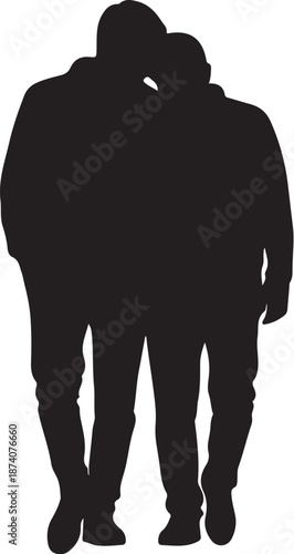 Silhouette of a loving couple walking together in darkness