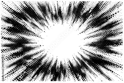 A bold black and white halftone starburst radiates from a bright central circle, creating a dynamic graphic motif perfect for retro posters, comics, or energetic backgrounds.