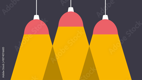 Lamp lights. Flat simple red chandelier shade. Creative art banner or poster with empty space. Modern interior electric lamps silhouettes shines yellow, vector design