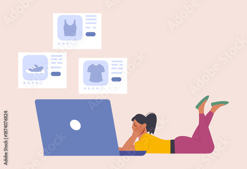 Online shopping process. Female character with laptop, buy or search clothes and shoes on digital marketplace. Discount and sale season, vector concept