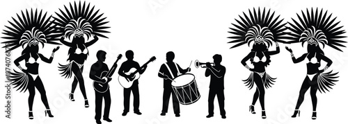 Carnival samba dancers and musicians. Carnival show girls dancers silhouette. Brazilian Carnival parade scene with drummers, Brazilian samba dancer vector 