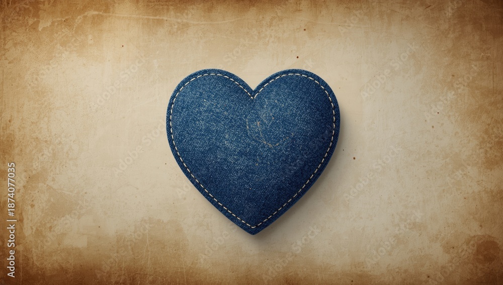Fototapeta premium Heart-shaped denim piece placed on rustic wood surface, showcasing fabric craftsmanship and design detail