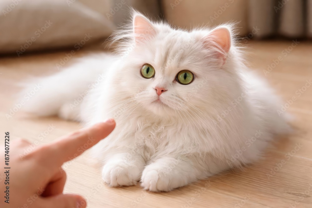 Obraz premium Affectionate white Persian cat with bright green eyes on floor relaxed observing finger