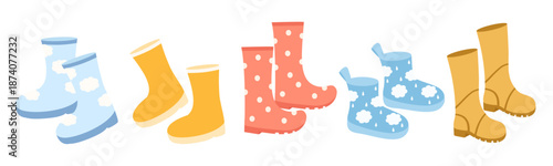 Set of children rain boots in pastel colors. Rubber waterproof footwear with cloud, raindrop and polka dot designs. Flat vector illustration isolated on white.