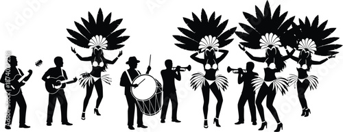 Carnival samba dancers and musicians. Carnival show girls dancers silhouette. Brazilian Carnival parade scene with drummers, Brazilian samba dancer vector 
