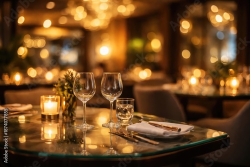 Softly blurred luxury restaurant scene with glass tabletop and warm glow background © The 2R Artificiality