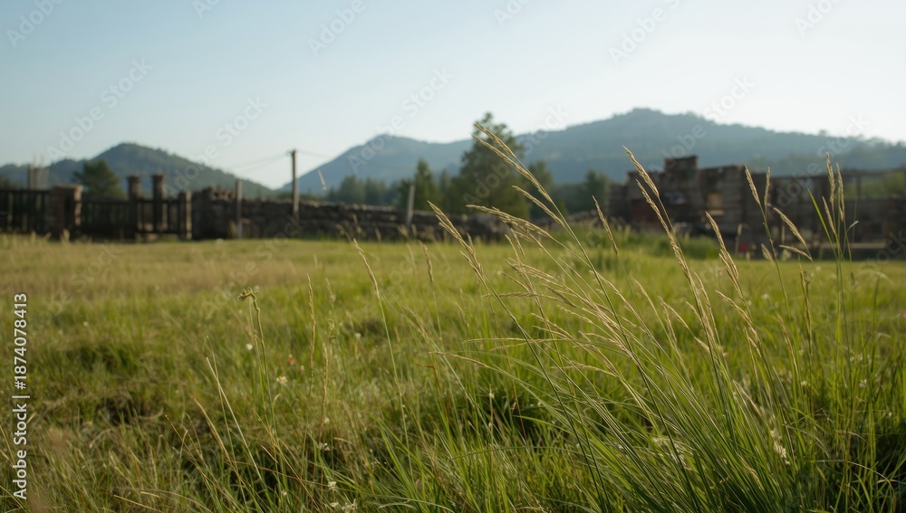 Fototapeta premium Suburban landscape with wild grass, highlighting urban greenery and ecological balance