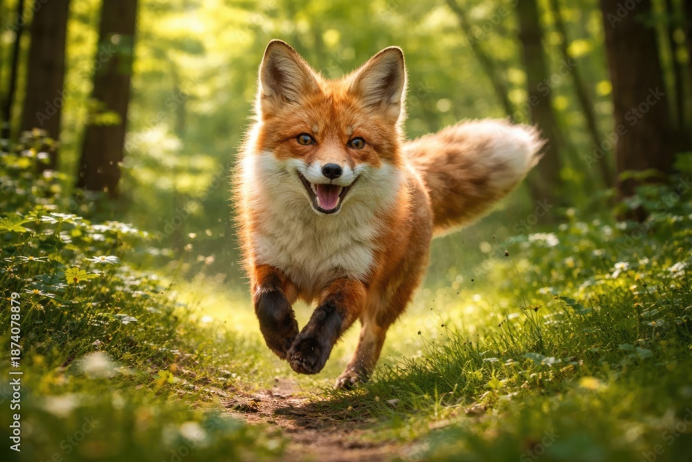 Obraz premium Blithe red fox running energetically through green forest scene
