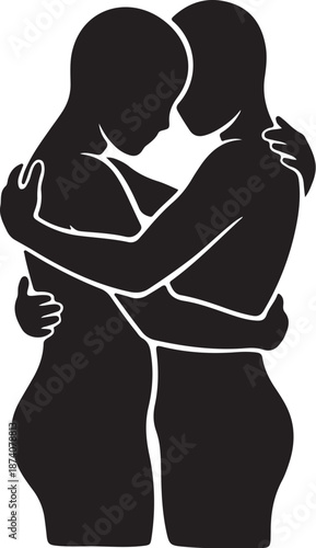 Silhouette of two women embracing and showing affection strongly