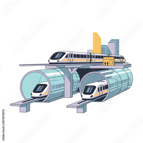 Futuristic transportation system with high-speed trains in tubes.