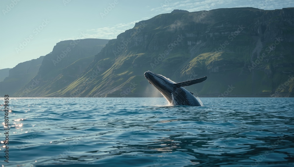 Fototapeta premium Marine mammal activity with a whale emerging from water in Iceland, focusing on wildlife observation