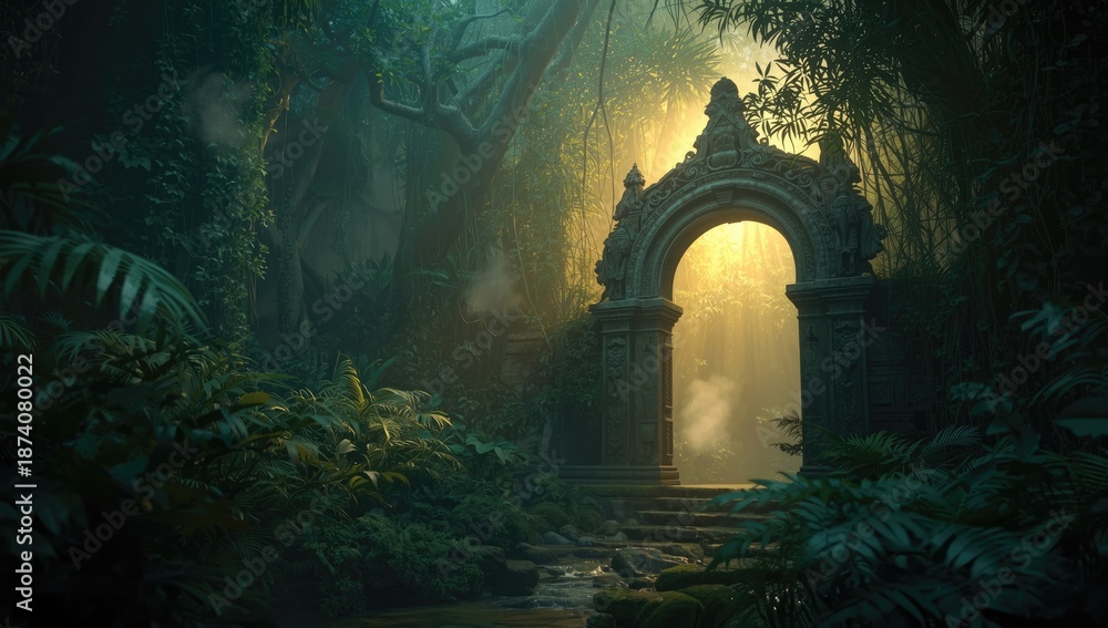 Fototapeta premium Sunlit jungle scene with morning fog, suitable for nature-themed layouts or environmental awareness