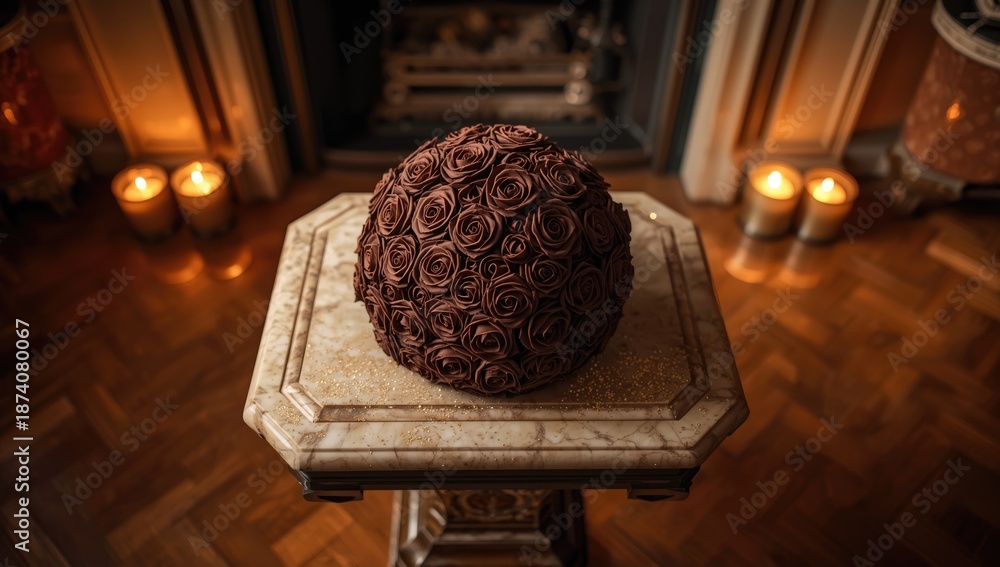 Fototapeta premium Assorted chocolate roses placed on a marble fireplace surface with candles nearby, ideal for holiday centerpiece