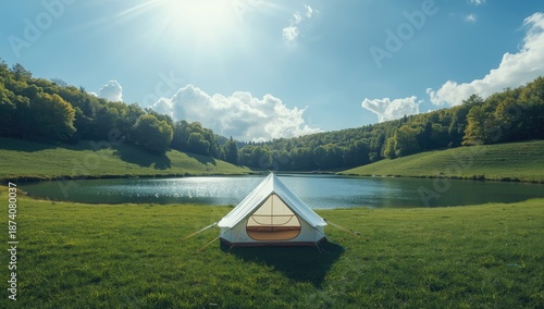 White tent and tarp set up near a pond surrounded by greenery and blue sky, used for outdoor event or camping