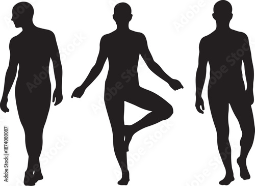Silhouettes of men in various poses and movements together