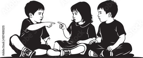 Children sitting in a row with a pointing gesture