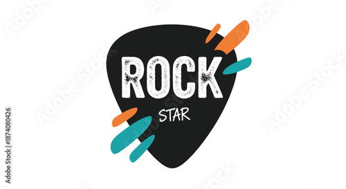 Modern 'Rock Star' logo inside a black guitar pick with a distressed font and colorful abstract shapes for a dynamic music brand.