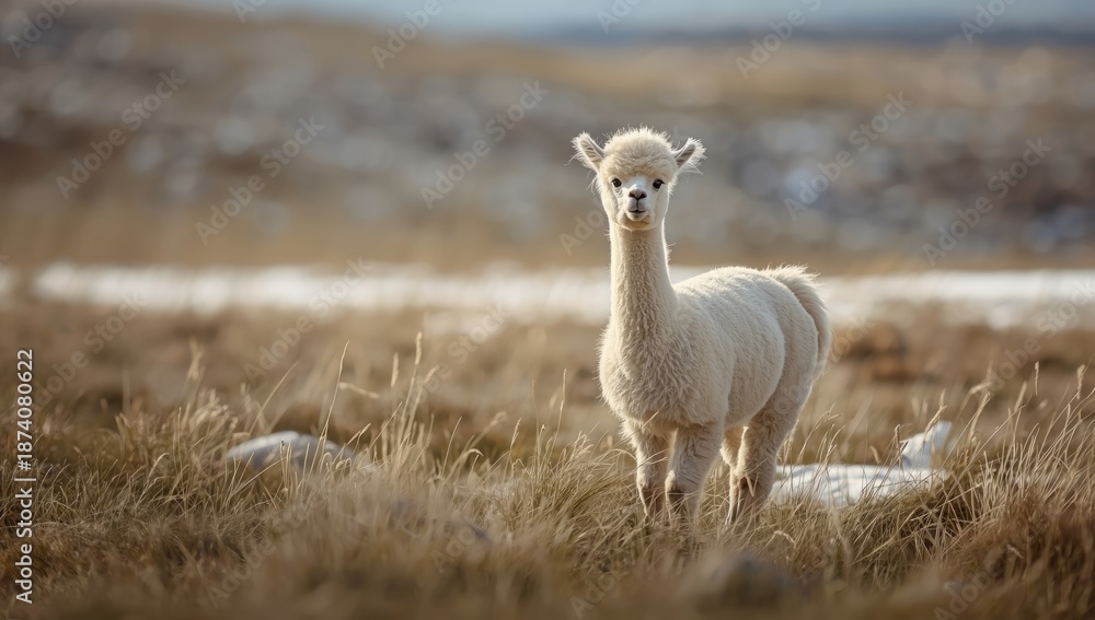 Fototapeta premium Alpaca headshot focusing on fleece texture for wool processing, fiber quality assessment
