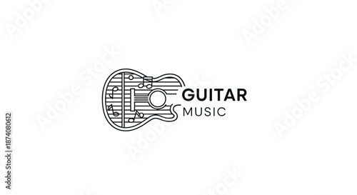 Creative 'Guitar Music' logo concept featuring an acoustic guitar outline filled with musical notes and a staff in a clean line art style.