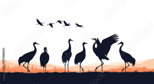 Serene landscape silhouette with a flock of crane birds on the ground and another group flying against a warm orange sunset sky.