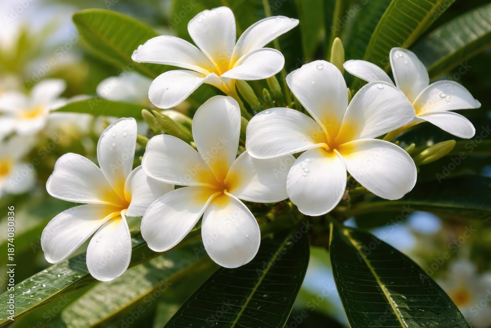 Fototapeta premium White plumeria blooms showcasing tropical beauty and delicate scent