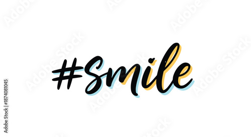 Modern and trendy '#Smile' hashtag in black brush script calligraphy with a colorful shadow effect for a positive and cheerful message.