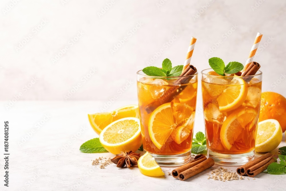 Fototapeta premium Glasses of citrus cinnamon iced tea with designated copy space