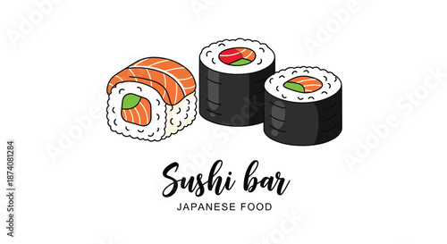 Colorful and delicious sushi bar illustration featuring various types of sushi rolls with elegant typography for a restaurant menu.