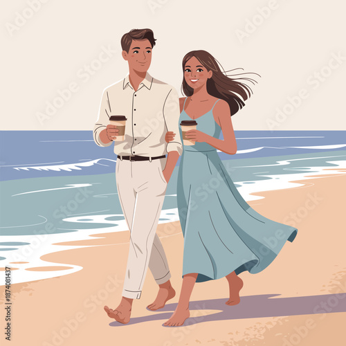 A delightful couple enjoys a romantic barefoot stroll along the tranquil beach with coffee