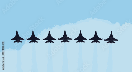 Seven military fighter jets flying in a straight line formation with smoke trails against a light blue sky with clouds.