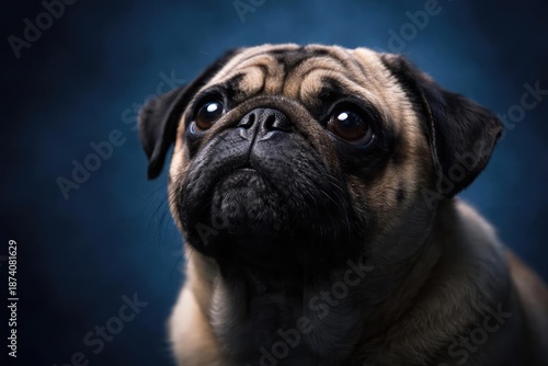 Blue background featuring a doleful pug glancing upward