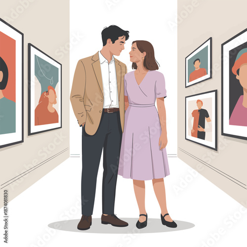 Couple immersed in each other's gaze within a vibrant art gallery setting