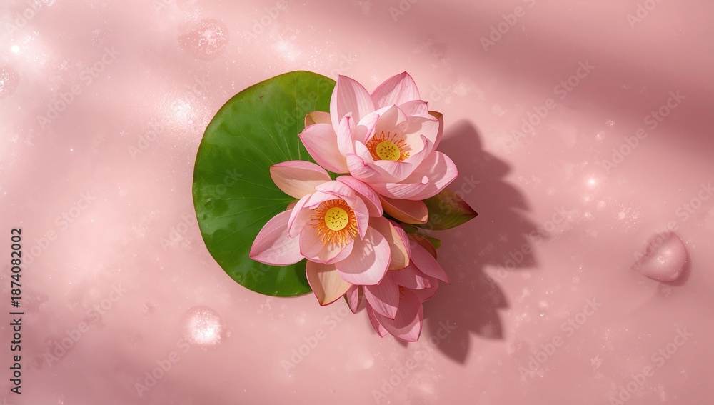 Obraz premium Pink background with a flat arrangement of blooming lotus flowers, ideal for floral design or nature-themed layout, World Environment Day